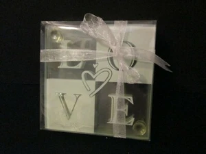 "LOVE" Glass Coasters, Set of 4, New - Picture 1 of 2