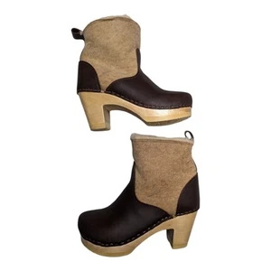 No. 6 Store Brown Leather Tan Shearling Pull On Mid Heel Clog Boots 36 5.5 - Picture 1 of 6