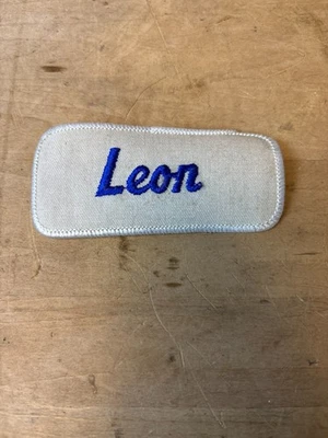 Vtg 70s LEON Sew On Embroidered Clothing Jacket Uniform Name Patch BLUE & WHITE - Image 1 of 3