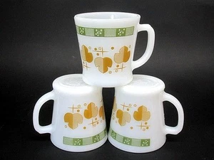 Set of 3 Fire-King Lime Green & Mustard Shamrock Milk Glass Mugs c1970's - Picture 1 of 3