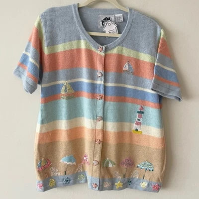 Cárdigan Suéter Story Knits Rayas Bordados Detalles Playa Mujer Talla L Foto 1 de 4