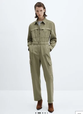 Macacão Mango Mng novo com etiquetas denim utilitário de carga perna reta cáqui XS  - Imagem 1 de 4