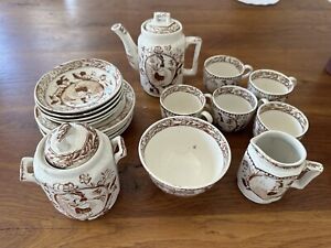 Antique Vtg Staffordshire Little Mae Brown Transferware Childs Tea Set 19 Pieces