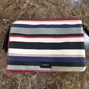 Fossil Bag Zippered Clutch Coated Canvas Stripes Grey Pink Blue - Picture 1 of 4