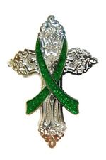 Green Ribbon Cross Pin Cancer Kidney Awareness Church Religious Christian Bling 