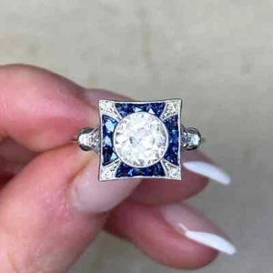 Art Deco Style Lab-Created Diamond Sapphire Wedding Ring 14k White Gold Finish - Picture 1 of 11