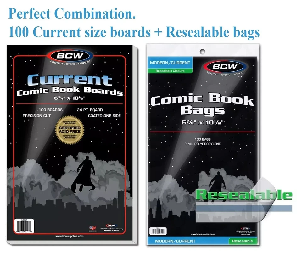 100 BCW Resealable Comic Book Bags Sleeve + Boards Modern / Current Safe Storage - Photo 1/1
