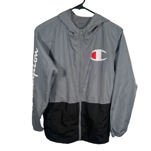 Champion Logo Hooded Jacket Full Zip Windbreaker Big Kids Large Black Gray * - Picture 1 of 8