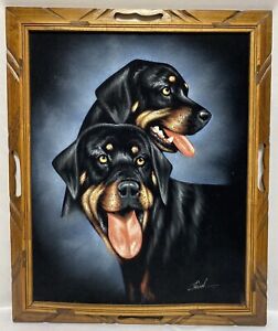 Cadre en bois sculpté vintage original Rottweiler Dog peinture sur velours signé