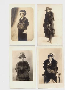 (4) Real Photo Postcards RPPC - Lot of 4: Woman with Fur Collar Fur Muff Fashion - Picture 1 of 2