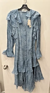 NWT Rebecca Taylor Sz 6 Silk Chiffon Shirtdress Guipure Stormy Blue Combo ($495) - Picture 1 of 11