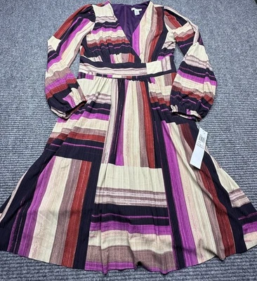 Vestido London Times Mujer 6 Multicolor Rayas Manga Larga Plisado Midi Boho Nuevo Foto 1 de 4