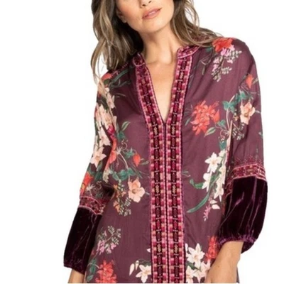 Blusa boho Johnny Was Workshop para mujer de terciopelo floral borgoña manga 3/4 talla S Foto 1 de 4