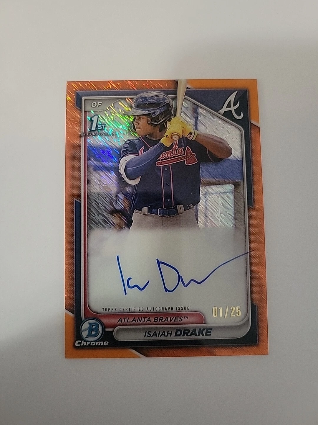 Isaiah Drake 2024 Bowman Chrome 1st Orange Shimmer Refractor Auto #01/25