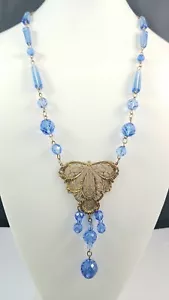 Antica Collana Filigrana Vetro Ceco Blu ART DECO Ottone - Foto 1 di 10
