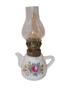 Vtg MINI OIL/KEROSENE FINGER LAMP Porcelain Floral 4 1/2" - Picture 1 of 9