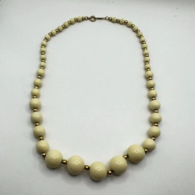 Collar Napier Vintage Blanco Cremoso Cuentas Graduadas Tono Oro 18" Rayas Años 70 Foto 1 de 4