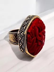 Barse Carved Cinnabar Statement Ring Bronze Size 8.5 NWOT Cocktail Celeb Style - Picture 1 of 10