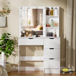 White Dressing Table With LED Makeup Mirror 4 Drawers Makeup Vanity Desk Dresser - Picture 1 of 11