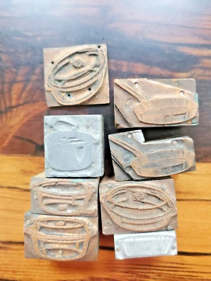 Pots Dutch Oven Frying Pan Metal on Wood Printing Press Block Stamps Vintage - Image 1 of 4