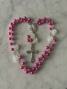 Handmade Holy Family Rose Pink Glass Pearl/White Acrylic Roses Catholic Rosary - Picture 1 of 4