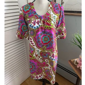 JUDE CONNALLY Damen Kleid Bunt Paisley Etuikleid Stretch Strick Mod Preppy SMALL - Bild 1 von 13