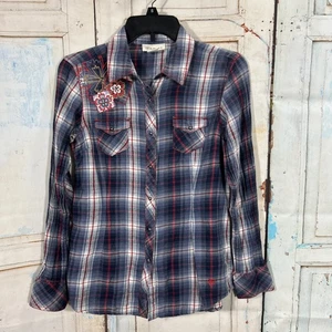 Women's Ariat Roll Long Sleeve Western Shirt Plaid Blue Red Snap Up Size Small - Picture 1 of 10