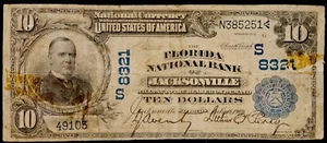 Rare 1902 $10 National Currency Bill – Jacksonville FL Charter #8321 S Blue Seal - Picture 1 of 2