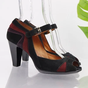 Sofft Womens Pump Size 10 Retro Black Red Suede Ankle Strap Peep Toe Block Heel - Picture 1 of 14