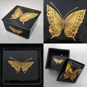 Japanese Lacquerware Butterfly Trinket Box Ceramic Gold Black Rare Vintage - Picture 1 of 12