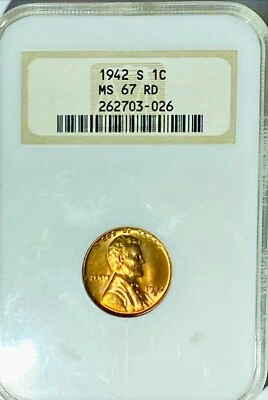 1942 S 1c RED Lincoln Wheat Cent NGC MS67 RD - Image 1 of 2