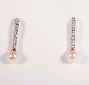 14K White & Yellow Gold Diamond and Pearl Dangle Earrings  - Picture 1 of 3