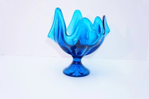 Vintage Viking Epic Bluenique Handkerchief 6 Petal Glass Vase/ Compote - Picture 1 of 12