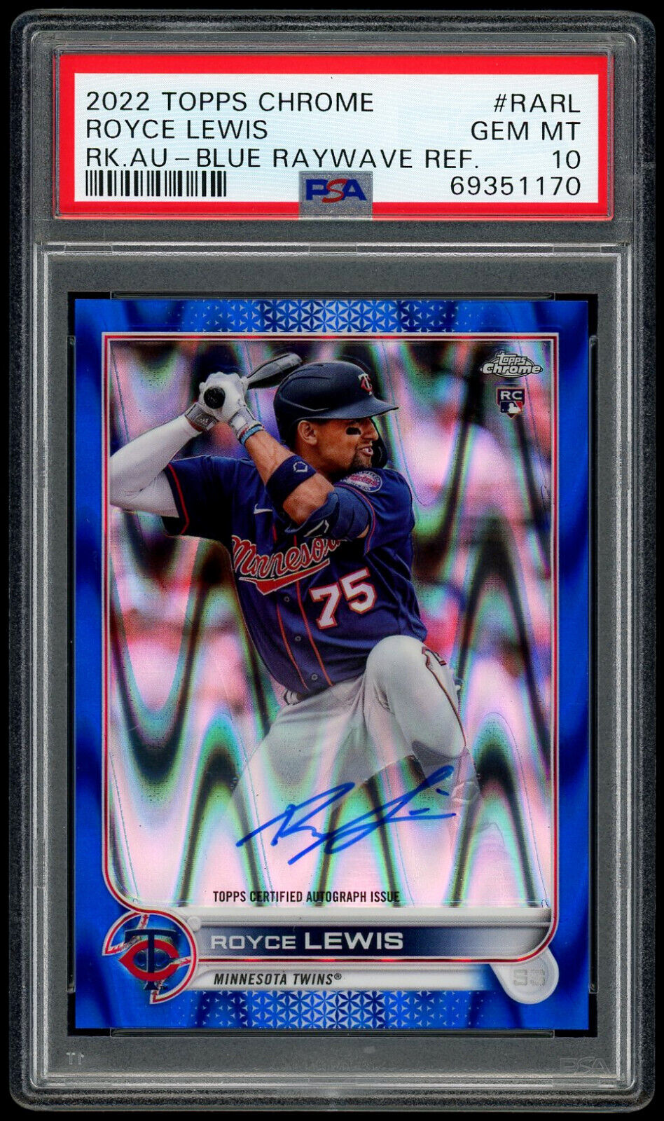 ROYCE LEWIS 2022 Topps Chrome Blue Raywave Refractor Auto RC 149/150 PSA 10!