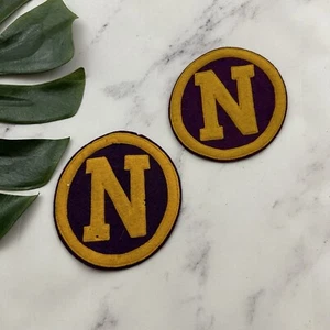 Vintage Letterman Jacket Felt Patch Set of 2 Letter N Purple Gold Yellow Circle - Picture 1 of 2