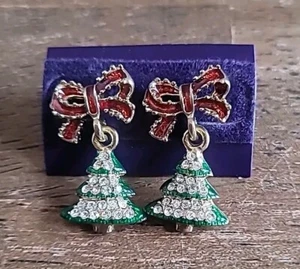 Bow & Christmas Tree Drop Earrings Gold Tone NEW - Picture 1 of 3