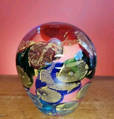 Escultura de cristal de Murano pisapapeles grande 5" de alto mancha dorada centro burbuja Italia  Foto 1 de 4