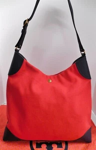 Tory Burch Red Canvas Navy Blue Leather Large Hobo Shoulder Bag - Picture 1 of 6