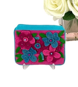 Vintage Pier 1 Floral Felt Coin Change Purse Pouch Bag Zips Purple Blue NEW - Picture 1 of 7