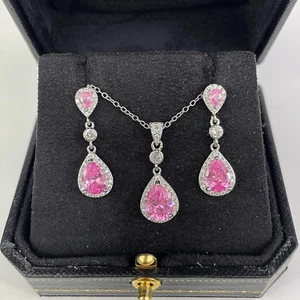 White Gold Finish Pink Tourmaline Pear Cut Created Diamond Dangle Jewellery Set - Picture 1 of 5
