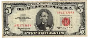 1963 USA United States Notes 5 Dollar Banknote P383 Red Seal Circulated Ta - Picture 1 of 2