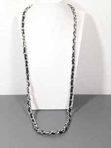 Retro Dark Blue Cord Woven Silver Tone Curb Chain Necklace 34 in - Picture 1 of 10