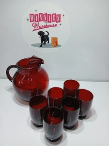 Red Colored Glass Pitcher And 6 Serving Glasses - Picture 1 of 4