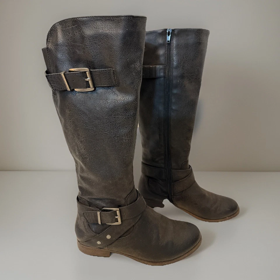 Botas altas Crown Vintage para mujer Bobbie marrón oscuro envejecidas moto hebilla talla 7M Foto 1 de 4