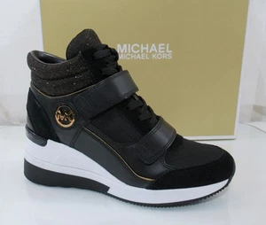 Michael Kors Gentry High Top Wedge Trainer Sneakers MK Logo Black Bronze Size 9 - Picture 1 of 7