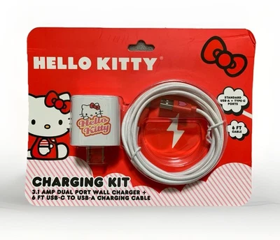 NUEVO Kit de Carga Hello Kitty ~ Enchufe Doble Puerto 3.1 AMP + Cable USB-C a USB-A de 6 pies Foto 1 de 4