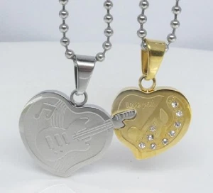 Collana per Coppia Chitarra Musica Cuore Acciaio Inox 2 Partner Pendente + 2 - Foto 1 di 1