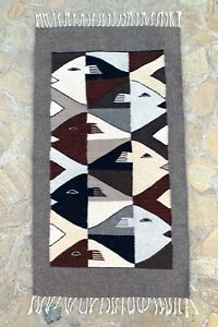 Zapotec School of Fish Rug, Non Dyed Wool Tapestry, 23x41 inch Hand Woven Rug
