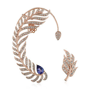 Natural Pave Diamond Leaf Ear Cuffs 18K Rose Gold Tanzanite Ear Climber Jewelry