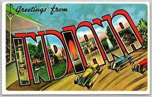 Greetings From Indiana Large Letter Race Track Classic Race Cars Postcard - Imagen 1 de 2